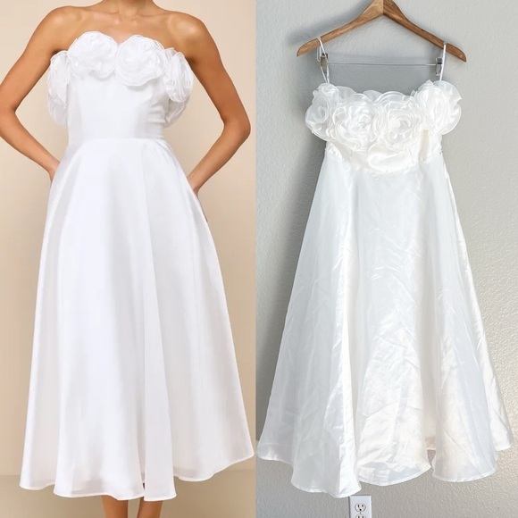 Idyllic Muse White Organza Rosette Strapless Midi Dress - Picture 1 of 11